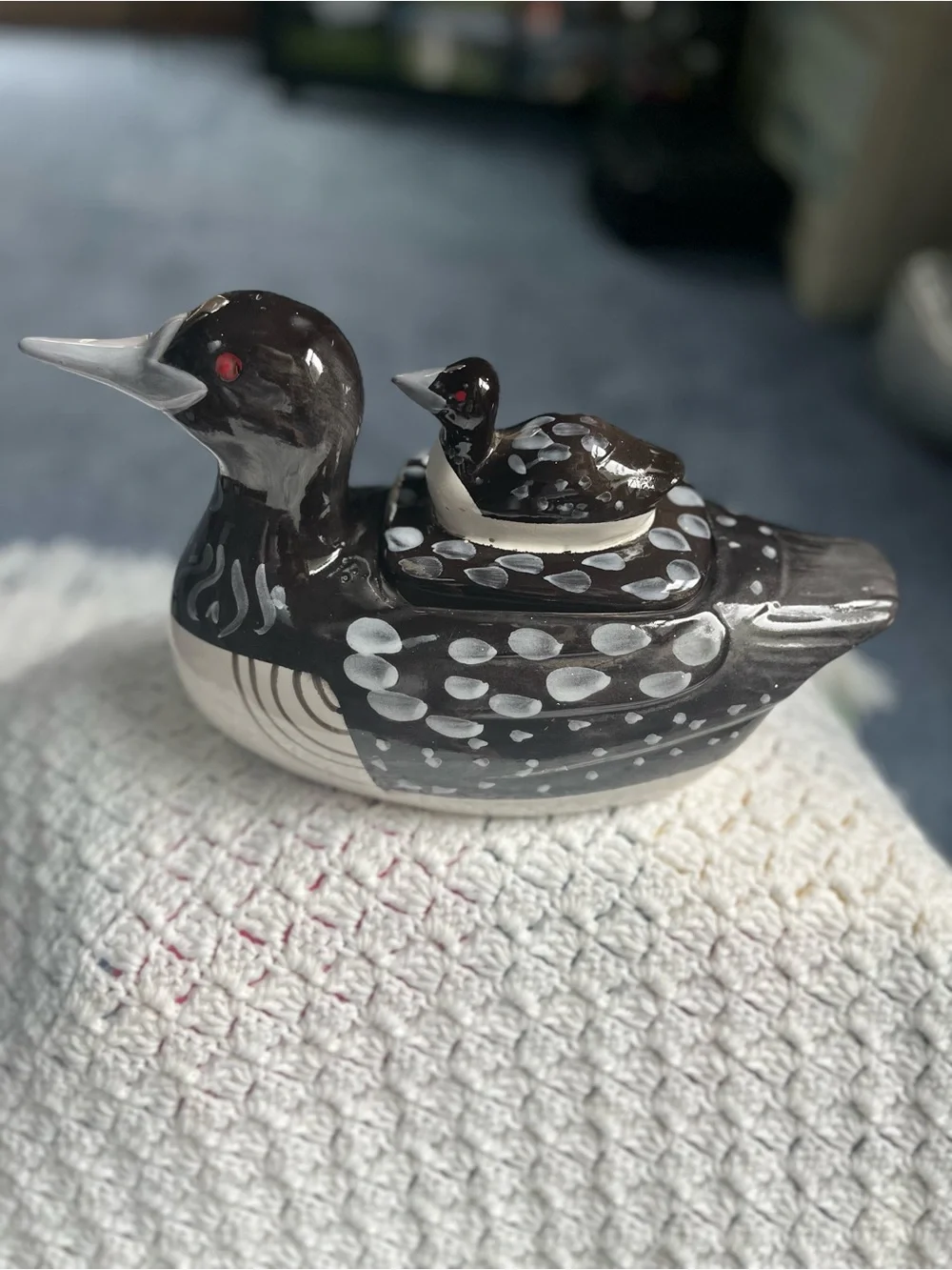 Ceramic mother Loon with duckling Cookie Jar - Black, Brown. White, neutrals